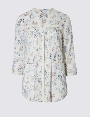 Loose Fit Swallow & Leaf Print Blouse